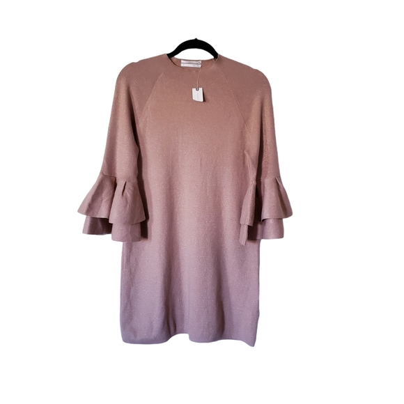 Anthropologie Ruffled Sleeve Sweater Knit Tunic Dress Honey/Camel Sz M $130 - Picture 4 of 11